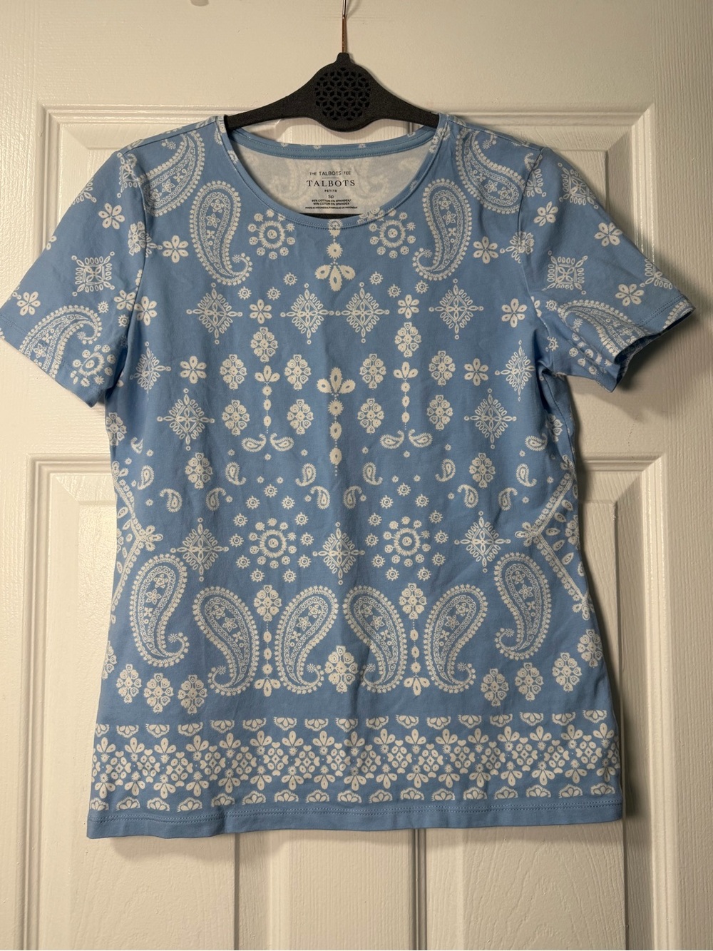 Talbots Petite SP Blue Ivory Paisley Bandana Print Cotton Stretch Tee